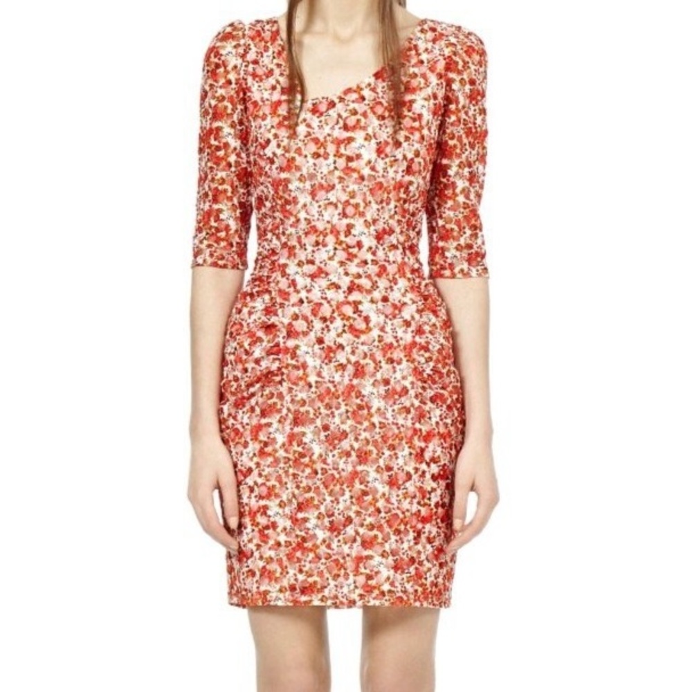 Reiss Rachel White with Red Florals Lace Half Sleeve Bodycon Dress size 8